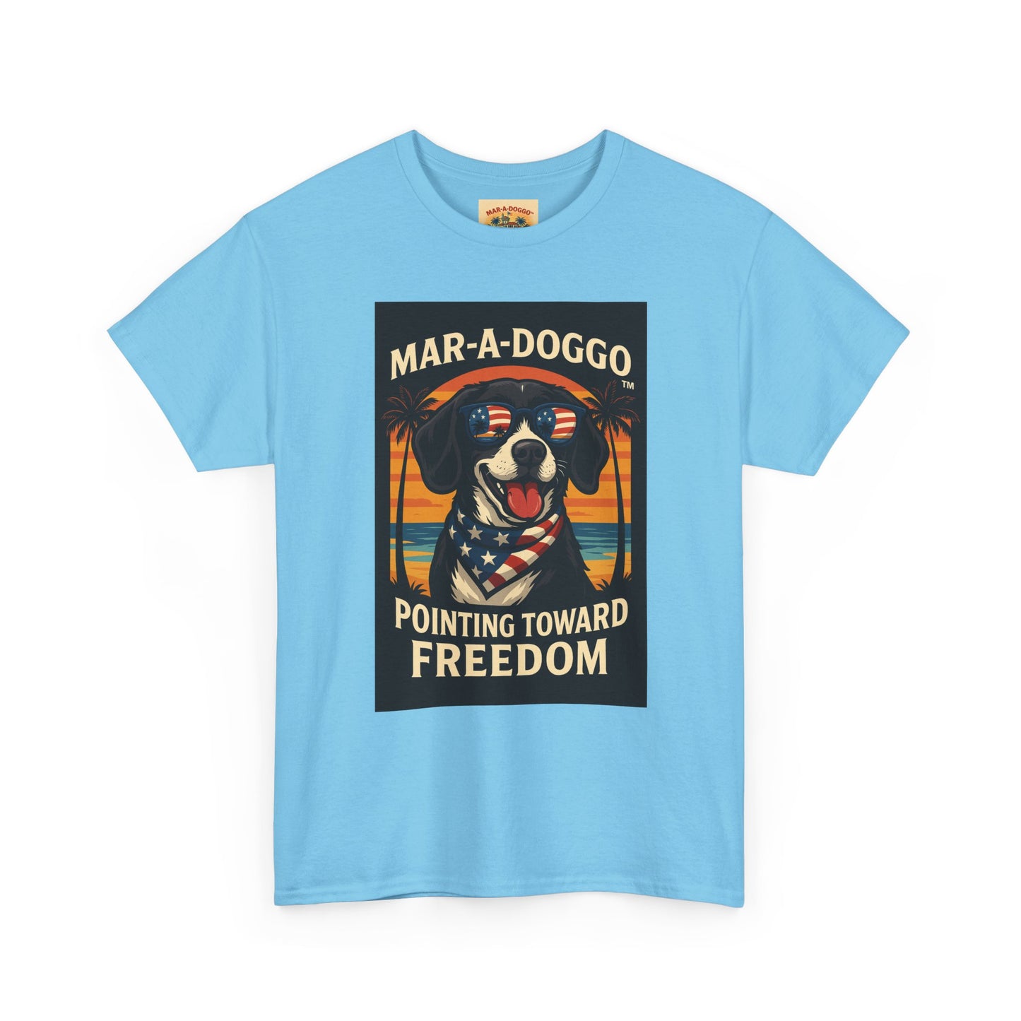 Mar-a-Doggo Tee — Patriotic Dog Graphic T-Shirt (Pointing Toward Freedom)