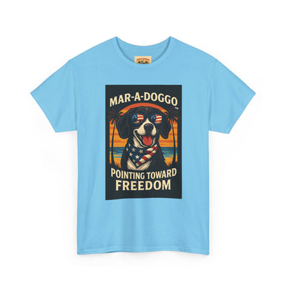 Mar-a-Doggo Tee — Patriotic Dog Graphic T-Shirt (Pointing Toward Freedom)