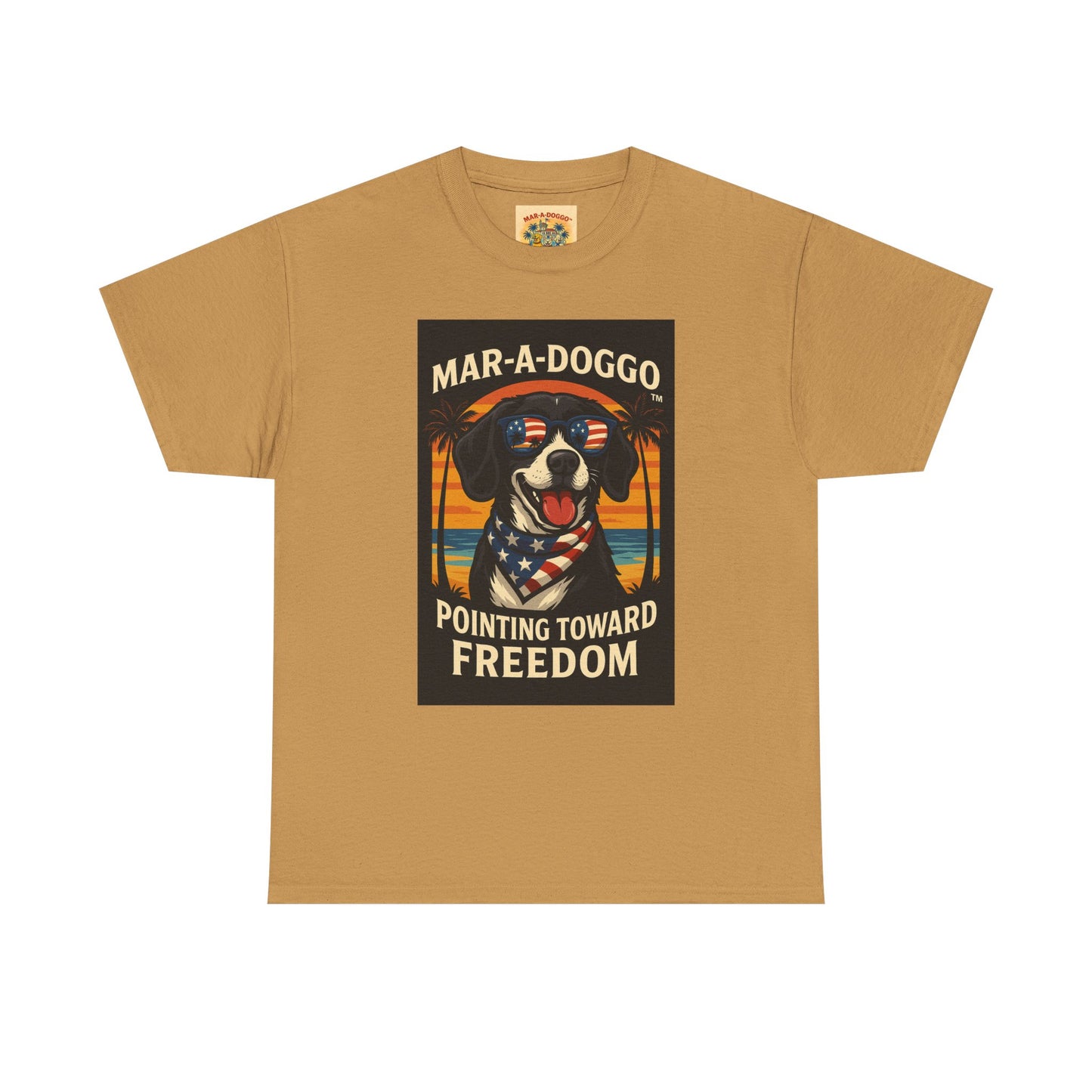 Mar-a-Doggo Tee — Patriotic Dog Graphic T-Shirt (Pointing Toward Freedom)