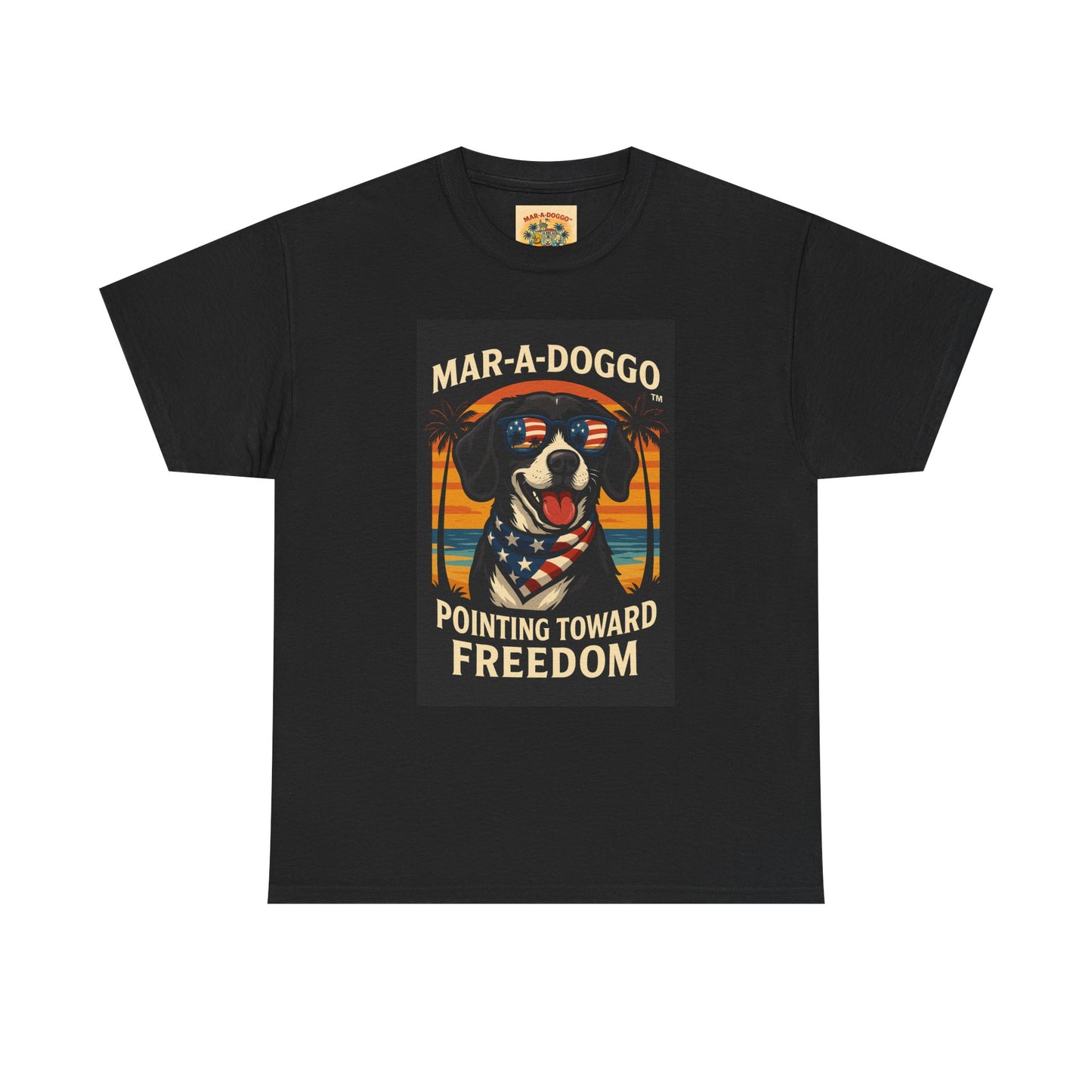 Mar-a-Doggo Tee — Patriotic Dog Graphic T-Shirt (Pointing Toward Freedom)