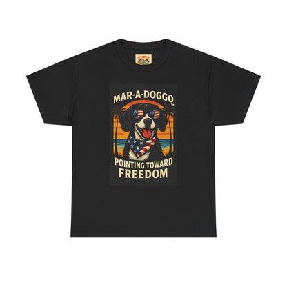 Mar-a-Doggo Tee — Patriotic Dog Graphic T-Shirt (Pointing Toward Freedom)