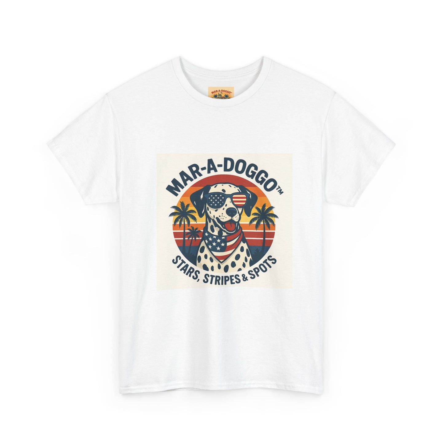 Mar-A-Doggo Retro Graphic Tee — Stars, Stripes & Spots Dog Lover T-Shirt