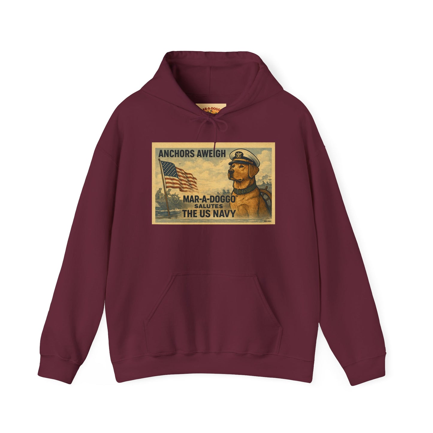 Navy Vintage 'Anchors Aweigh' Hoodie — 'Mar-A-Doggo' Retro Military Pet Design