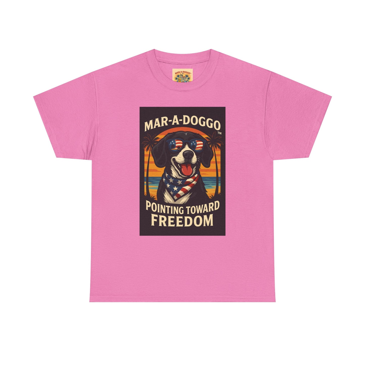 Mar-a-Doggo Tee — Patriotic Dog Graphic T-Shirt (Pointing Toward Freedom)