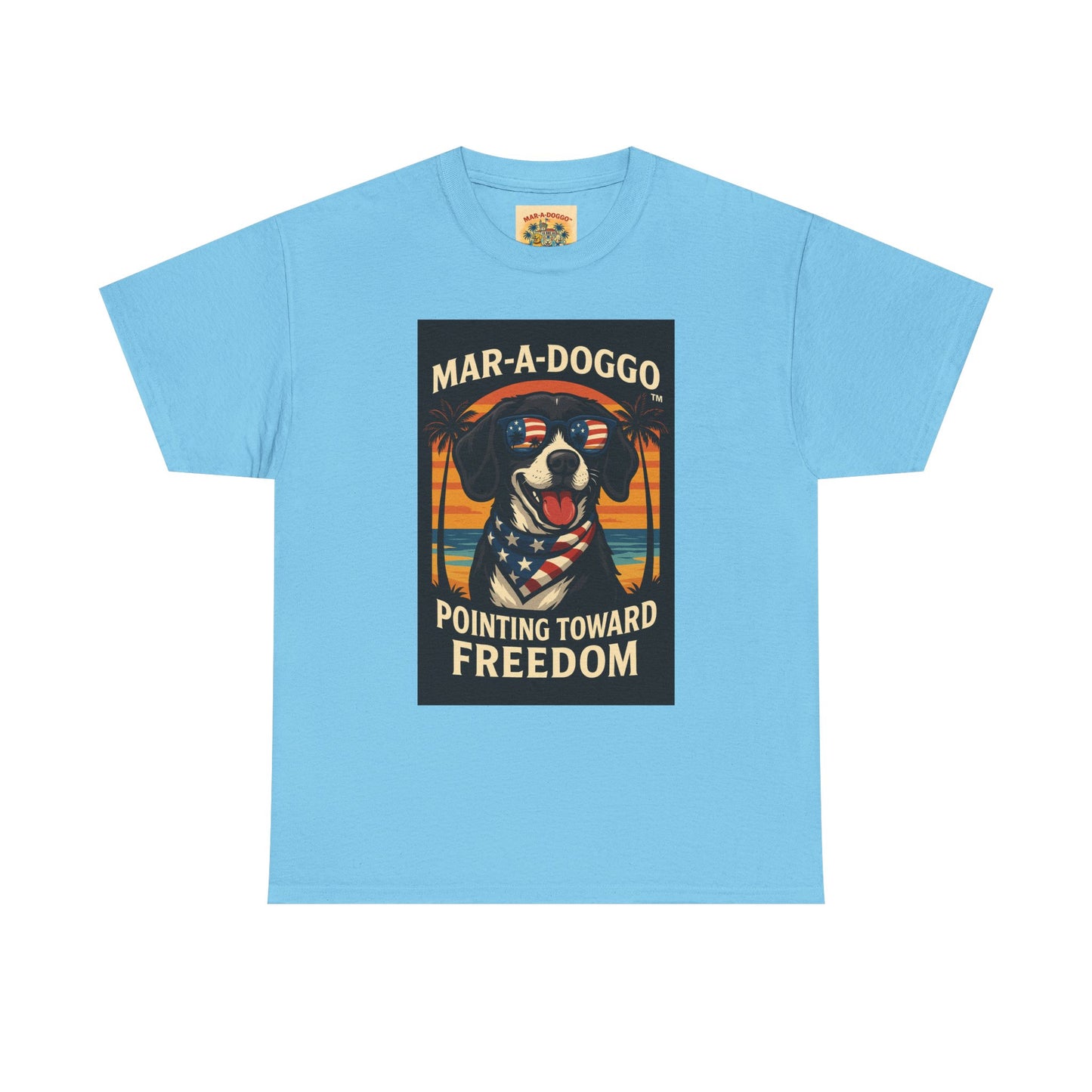 Mar-a-Doggo Tee — Patriotic Dog Graphic T-Shirt (Pointing Toward Freedom)